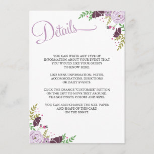 Carte D'accompagnement Fiche d'information/détails sur le Mariage floral 