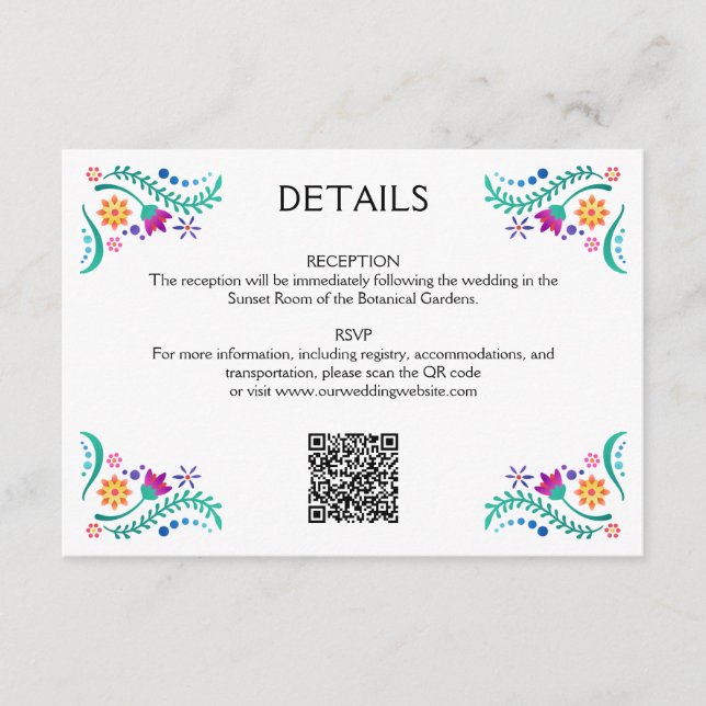Carte D'accompagnement Fiesta Floral Mariage QR Détails (Devant)