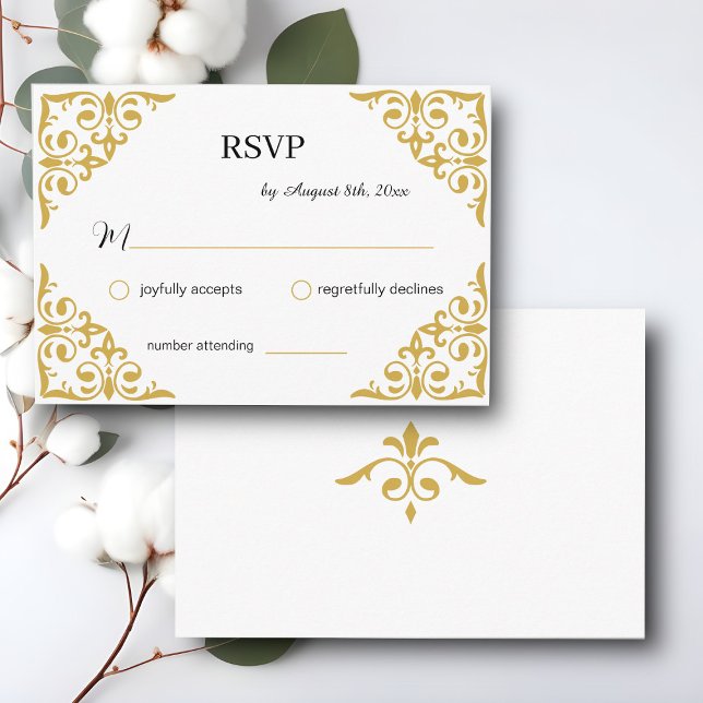 Carte D'accompagnement Filigree or élégant sur blanc, mariage RSVP (Créateur téléchargé)