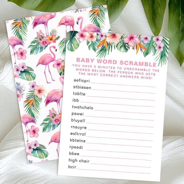 Carte D'accompagnement Flamant rose Baby shower Word Scramble Jeu (Tropical Baby Shower Game)