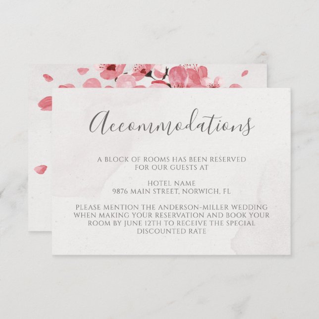 Carte D'accompagnement Fleur de cerisier rose Mariage Floral Hébergements (Devant / Derrière)
