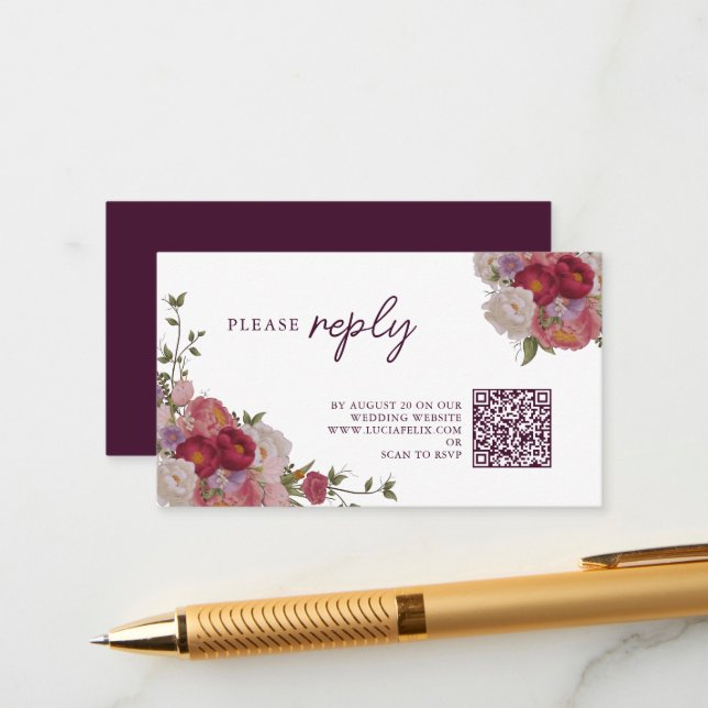 Carte D'accompagnement Fleur de Forêt Bourgogne Et Mariage Feuille RSVP (Devant/Arrière en situation)