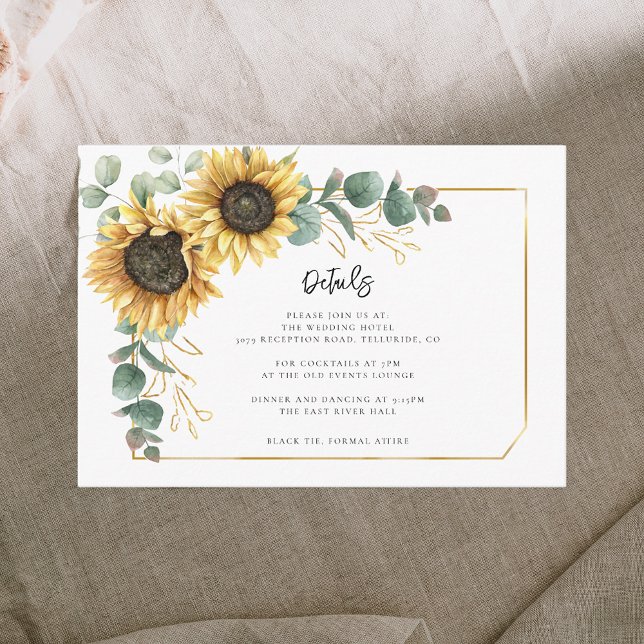 Carte D'accompagnement Fleur de tournesol floral Script Mariage Détails d (Floral Sunflower Eucalyptus Greenery Wedding Enclosure Details Card)