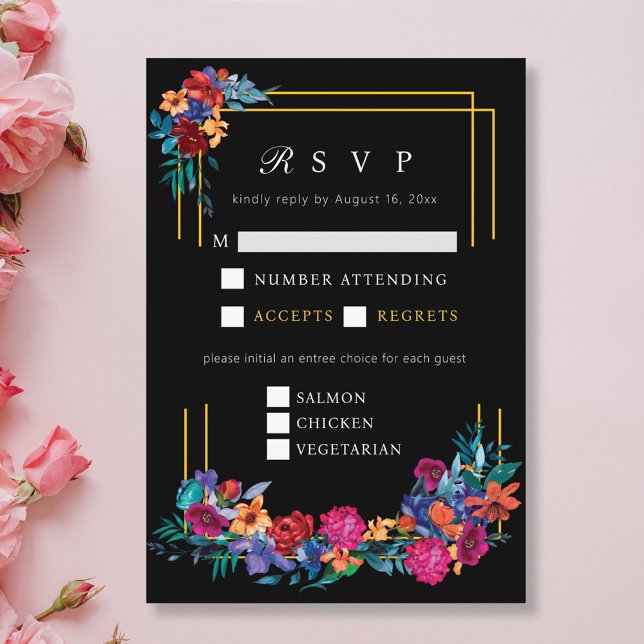Carte D'accompagnement Fleur mexicaine Mariage noir RSVP (Créateur téléchargé)