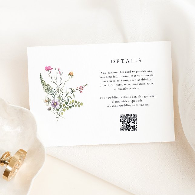 Carte D'accompagnement Fleur sauvage botanique | Détails du Mariage Code  (Wedding guest detail cards with an elegant watercolor bouquet and a scannable QR code)