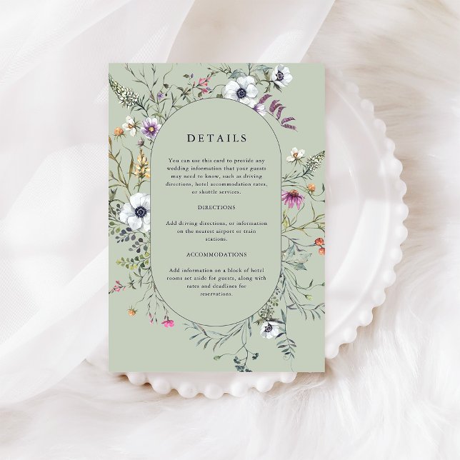 Carte D'accompagnement Fleur sauvage botanique | Détails du Mariage vert  (A pretty wildflower frame decorates these stylish soft green wedding detail cards)