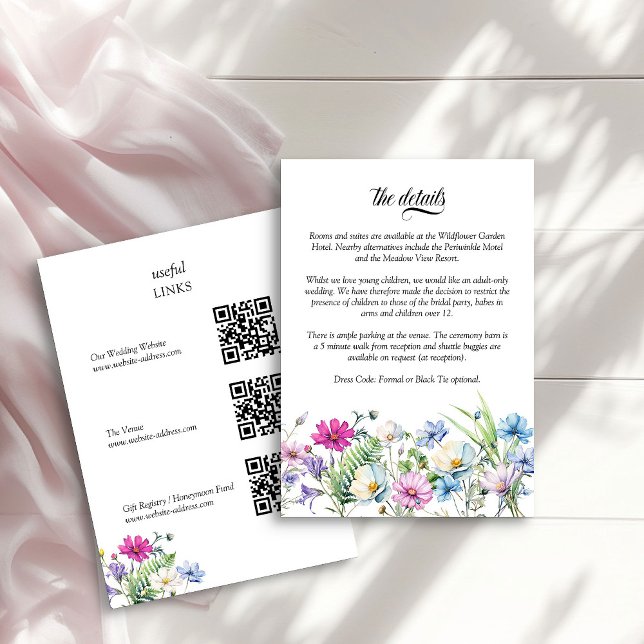 Carte D'accompagnement Fleur sauvage Garden Floral Détails du Mariage QR  (Wedding Details card with qr codes from the Wildflower Garden Wedding Collection by Darling & May)