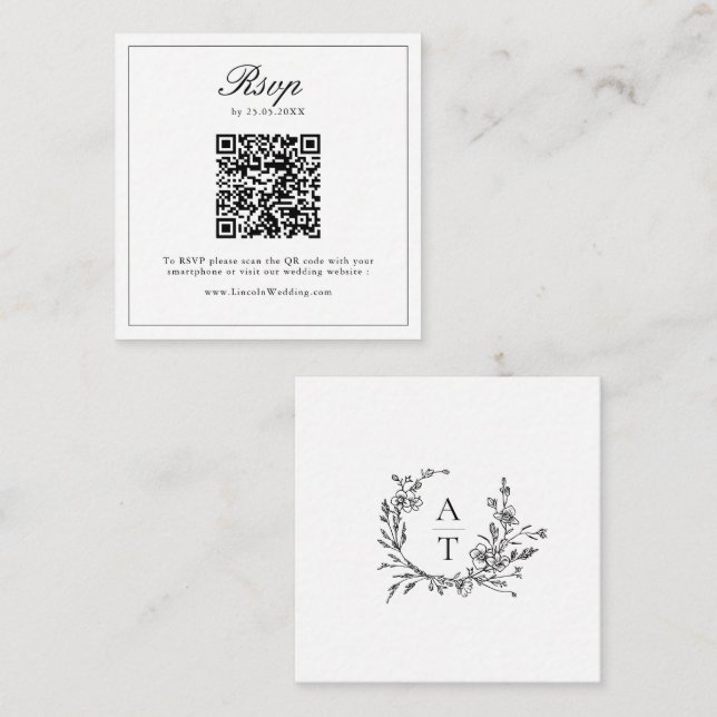 Carte D'accompagnement Fleur sauvage noir blanc Crest Mariage QR Code RSV (Devant / Derrière)