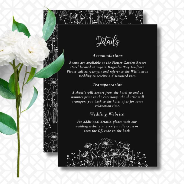 Carte D'accompagnement Fleur sauvage noir blanc QR Code Détails Mariage (Créateur téléchargé)