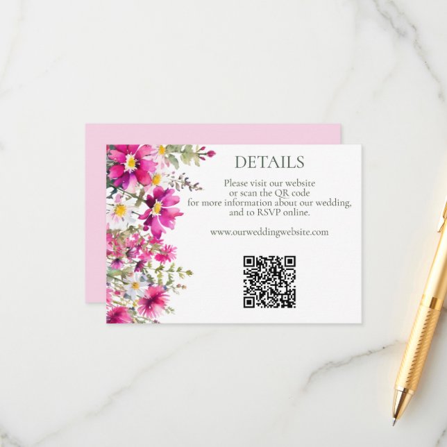Carte D'accompagnement Fleur sauvage rose vif QR Code Détails du Mariage (Devant/Arrière en situation)