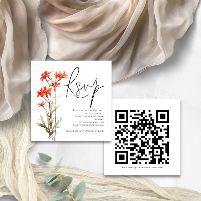 Carte D'accompagnement Fleur sauvage rouge Script QR Code Mariage RSVP (Front and back view)