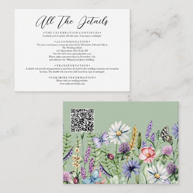 Carte D'accompagnement Fleur sauvage Sage Green Mariage QR Code Toutes le (Devant / Derrière)