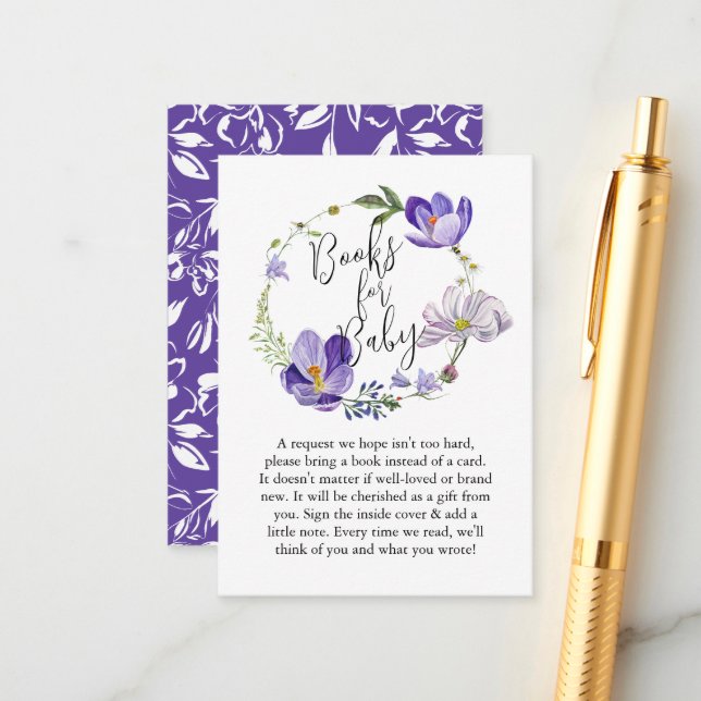 Carte D'accompagnement Fleur sauvage Violet Baby shower Livres pour bébé (Devant/Arrière en situation)