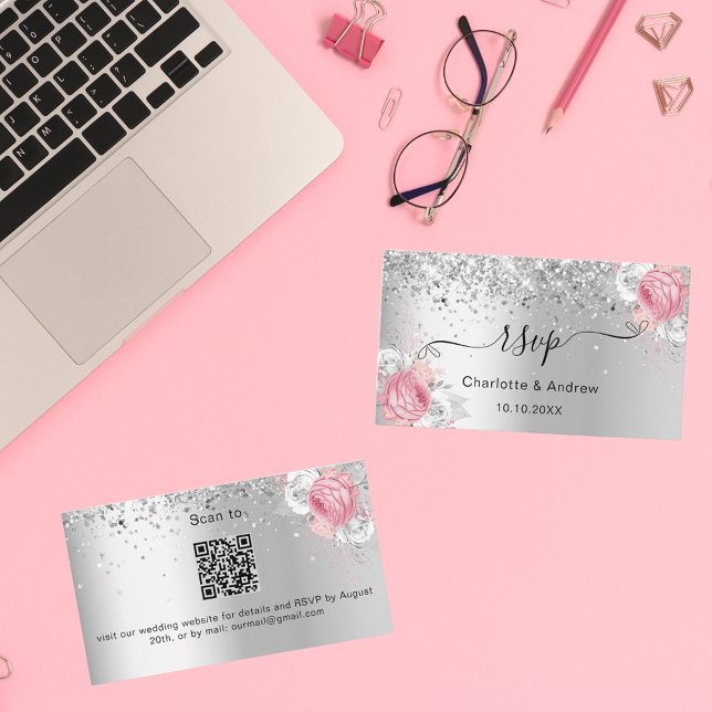 Carte D'accompagnement Fleuron rose argent site mariage RSVP QR code (Créateur téléchargé)