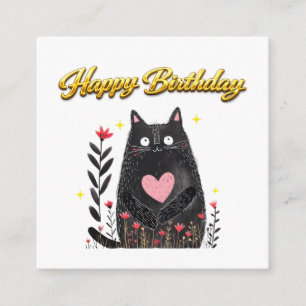 Carte D'accompagnement Fleurs Aquarelle Chat Noir Coeur Rose Anniversaire
