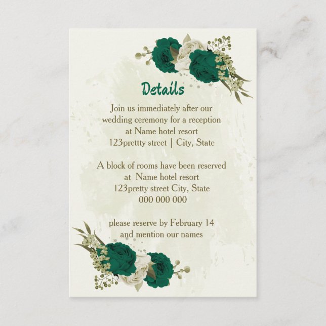 Carte D'accompagnement fleurs beiges vert émeraude détails mariages (Devant)