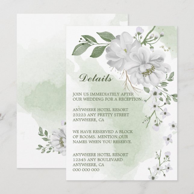 Carte D'accompagnement fleurs blanches détails verts (Devant / Derrière)