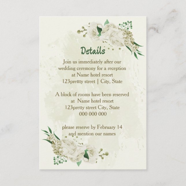 Carte D'accompagnement Fleurs blanches d'ivoire vert détails mariage (Devant)