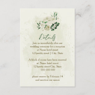 Carte D'accompagnement Fleurs blanches d'ivoire vert détails mariage