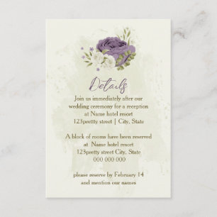 Carte D'accompagnement fleurs blanches mauves détails de mariage verdure