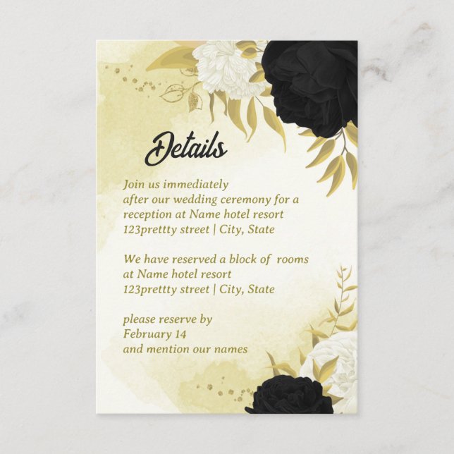 Carte D'accompagnement fleurs blanches noires or feuilles (Devant)