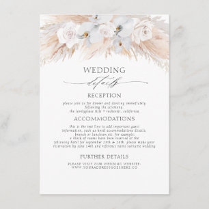 Carte D'accompagnement Fleurs blanches Pampas exotiques Grass Mariage Dét