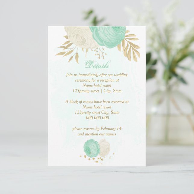 Carte D'accompagnement fleurs blanches vert menthe or mariage (Debout devant)