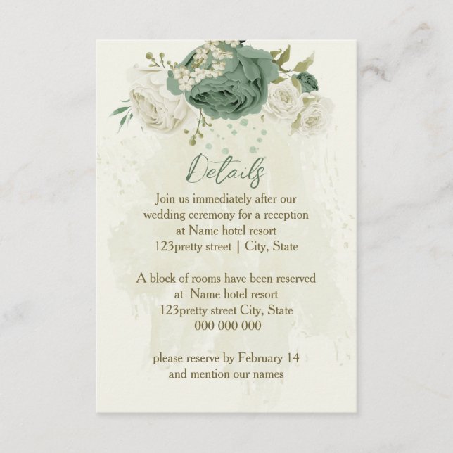 Carte D'accompagnement fleurs blanches vert sauge détails mariage (Devant)