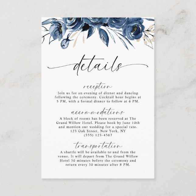 Carte D'accompagnement Fleurs Bleu Marine Calligraphie de Mariage Code QR (Devant)