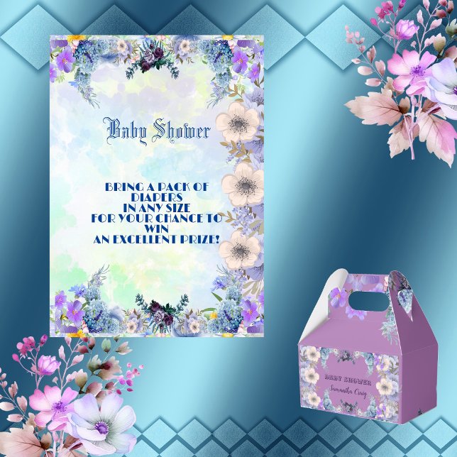 Carte D'accompagnement Fleurs bleu pastel doux Baby shower Lilac violet (Soft Pastel Blue Flowers Purple Lilac Baby Shower Enclosure Card)