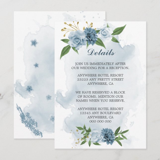 Carte D'accompagnement fleurs bleues détails de verdure (Devant / Derrière)