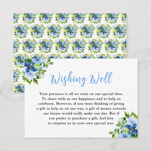 Carte D'accompagnement Fleurs bleues et bleues marine avec feuillage  (Devant / Derrière)