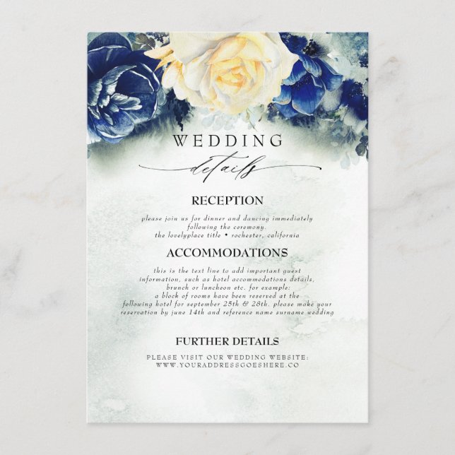 Carte D'accompagnement Fleurs bleues et jaunes Informations Mariages (Devant)