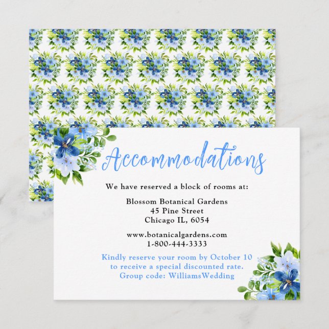Carte D'accompagnement Fleurs bleues et navy avec feuillage  (Devant / Derrière)