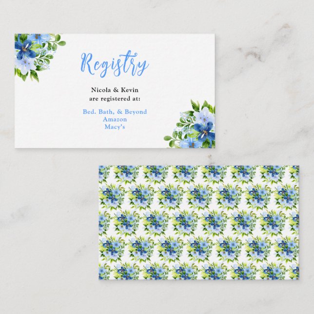 Carte D'accompagnement Fleurs bleues et navy avec feuillage  (Devant / Derrière)