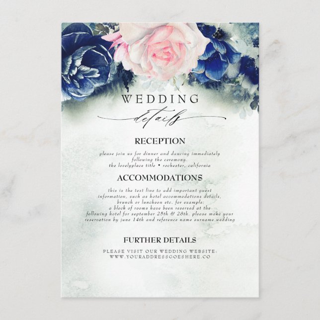Carte D'accompagnement Fleurs bleues et roses Informations Mariages (Devant)