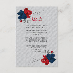 Carte D'accompagnement Fleurs bleues rouges et marines argent détails feu