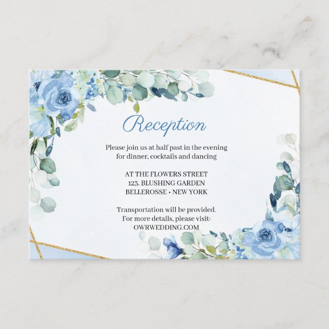 Carte D'accompagnement Fleurs Bleues Rustiques Cadre Or Accueil Mariage (Devant)