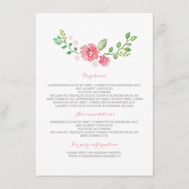 Carte D'accompagnement Fleurs d'aquarelle Détails du Mariage - Informatio (Devant)