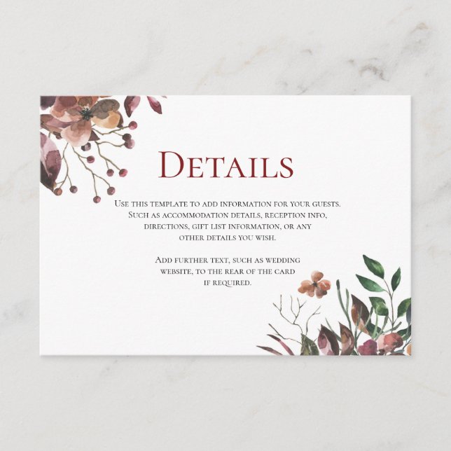 Carte D'accompagnement Fleurs de automne foncé Rustique Mariage Détails C (Devant)