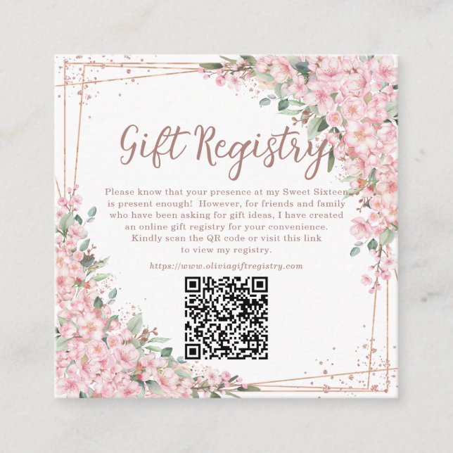 Carte D'accompagnement Fleurs de cerisier Or rose Sweet Sixteen QR Cadeau (Devant)