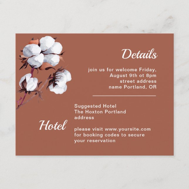 Carte D'accompagnement Fleurs de coton blanches Détails mariage brun rust (Devant)