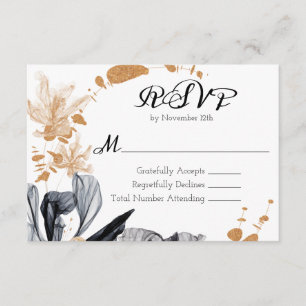Carte D'accompagnement Fleurs de fumée noire et or Mariage RSVP