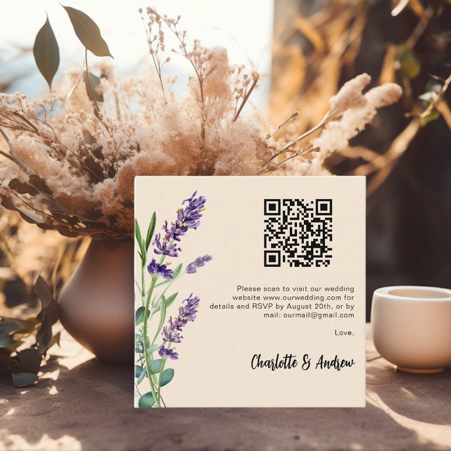 Carte D'accompagnement Fleurs de lavande beige code QR mariage RSVP (Créateur téléchargé)