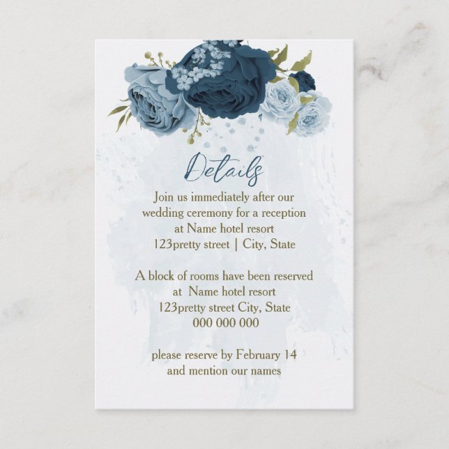Carte D'accompagnement fleurs de marine bleu clair détails de mariage (Devant)
