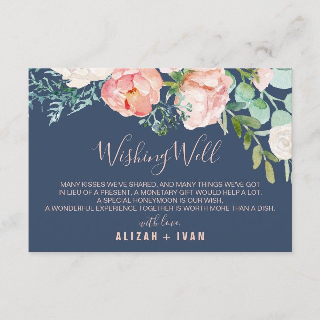 Carte D'accompagnement Fleurs de pivoines romantiques | Bleu Mariage Wish (Devant)