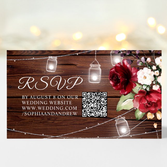 Carte D'accompagnement Fleurs de rose rouge Mariage de bois rustique QR C (Créateur téléchargé)