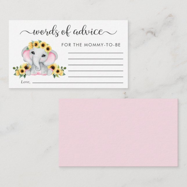 Carte D'accompagnement Fleurs de soleil éléphant Mots de conseil Baby sho (Devant / Derrière)