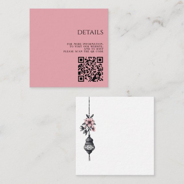 Carte D'accompagnement Fleurs et lanternes roses Code QR (Devant / Derrière)