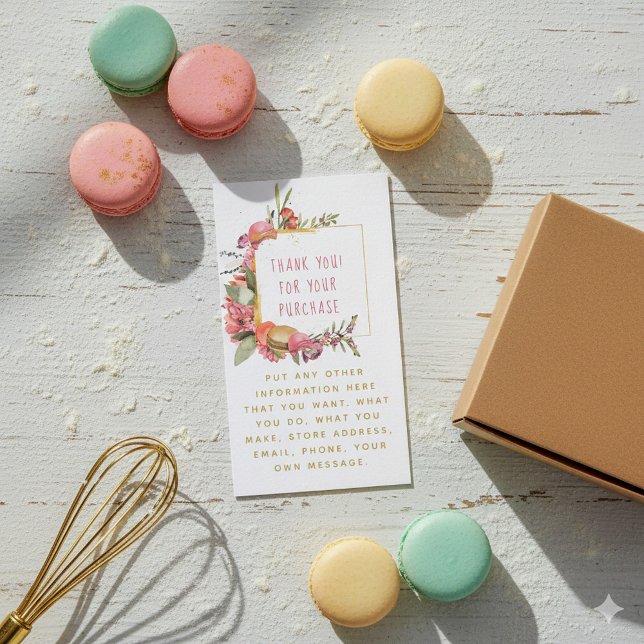 Carte D'accompagnement Fleurs et macarons frontière or (Flowers and macaroons gold border thank you enclosure card for customer orders.)
